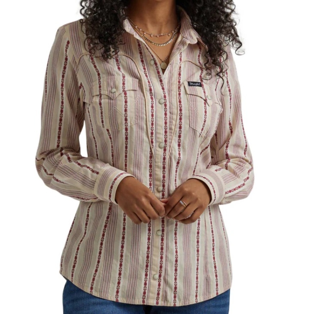 🌸 WRANGLER Retro Stripe Western Snap Shirt — Women’s M 🌸